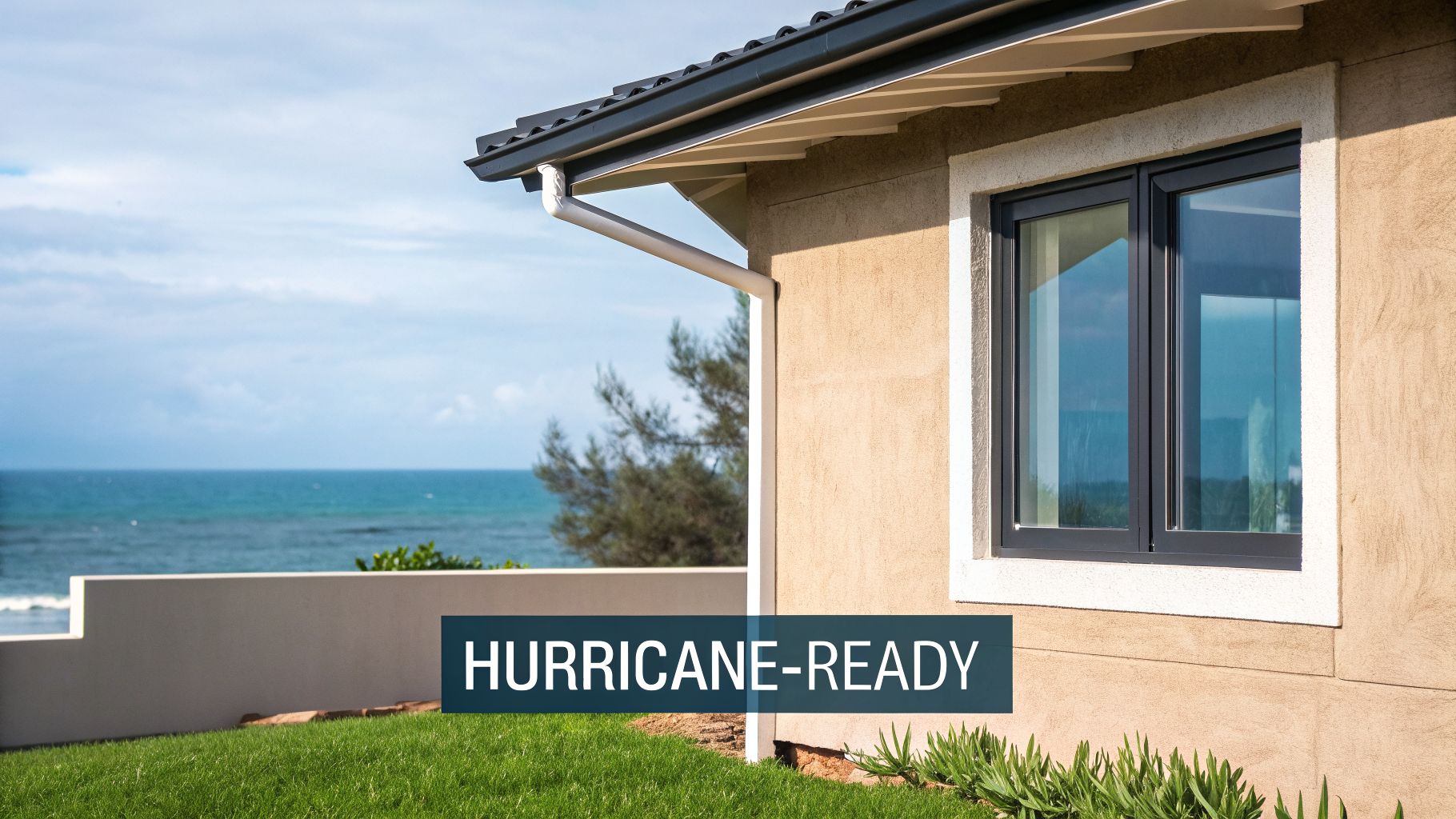 A hurricane-ready coastal home with new windows and a gutter system overlooking the ocean.