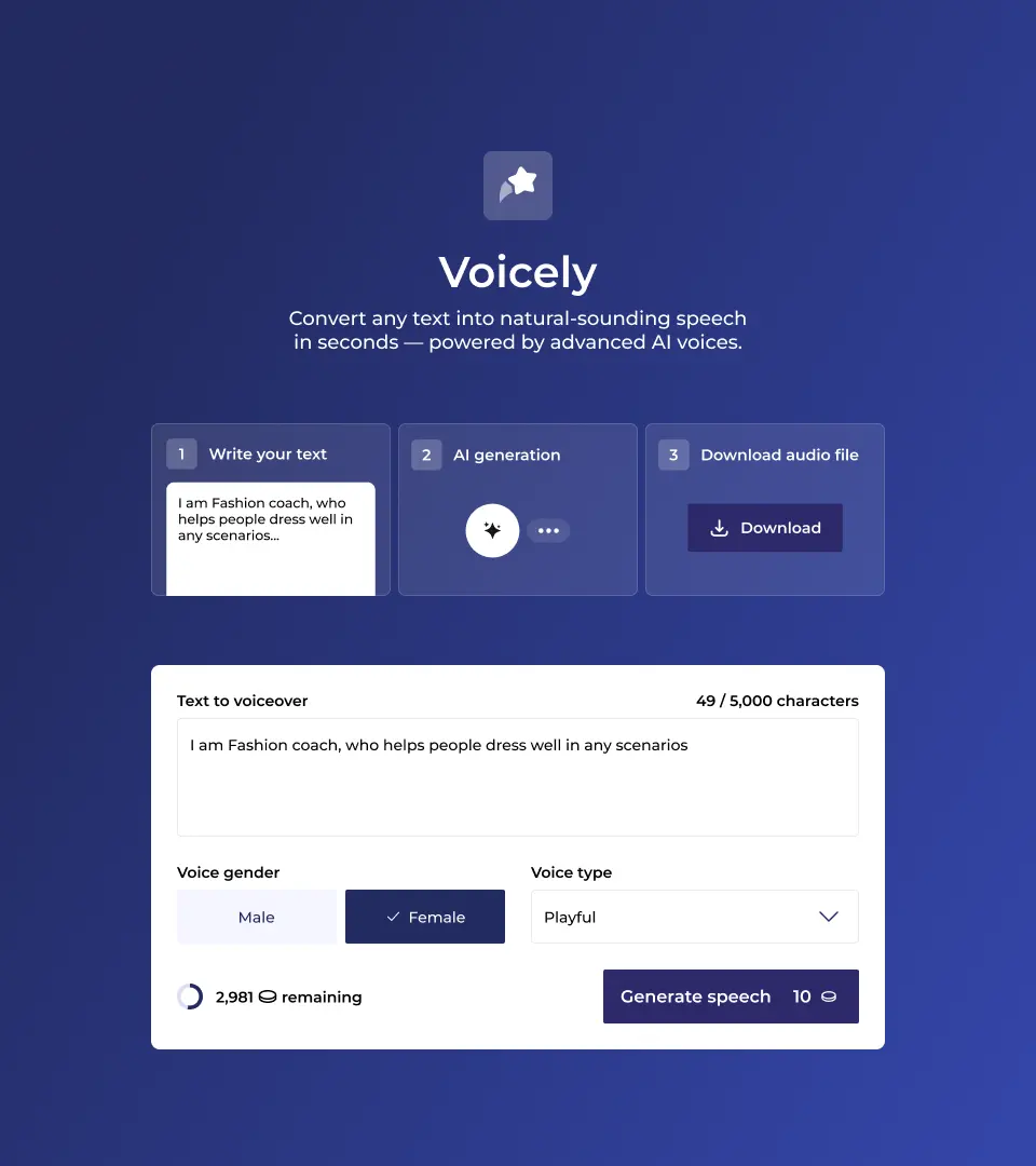 Voicely text-to-speech tool in Lifeshift with text input, voice settings and a Generate speech button