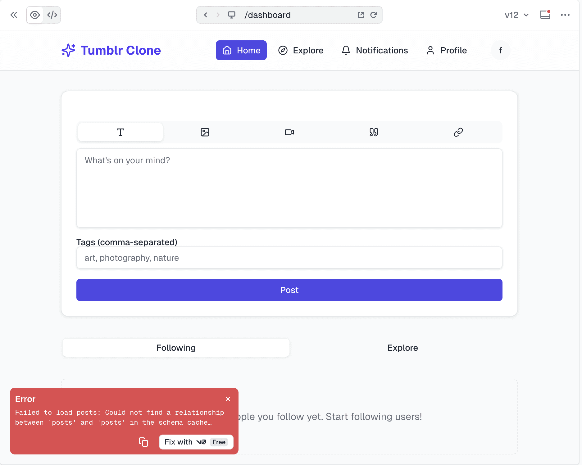 Tumblr clone built withVercel V0 showing an error.. 