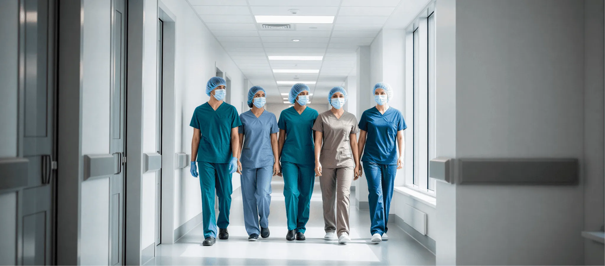 Medical team walking through a clinic corridor