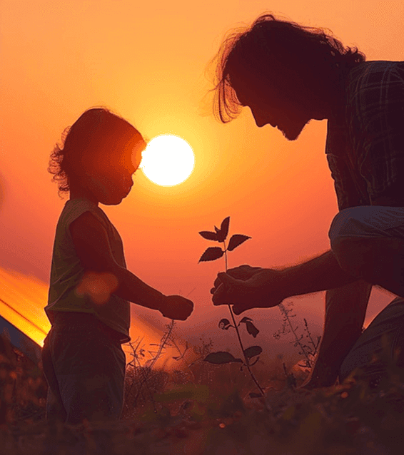 A father giving his kid a plant, before solar plates, showing solenergy's impact