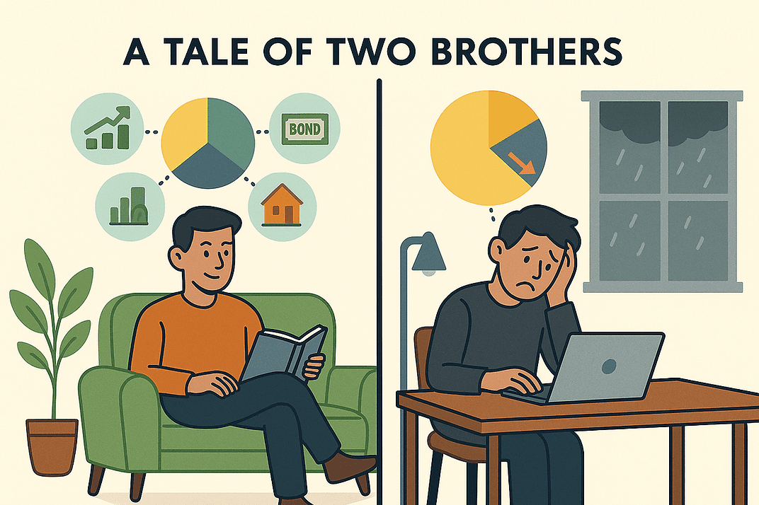 Two brothers divided by a line. Left: cheerful, reading on a green couch, investment icons. Right: worried, on laptop, declining chart.