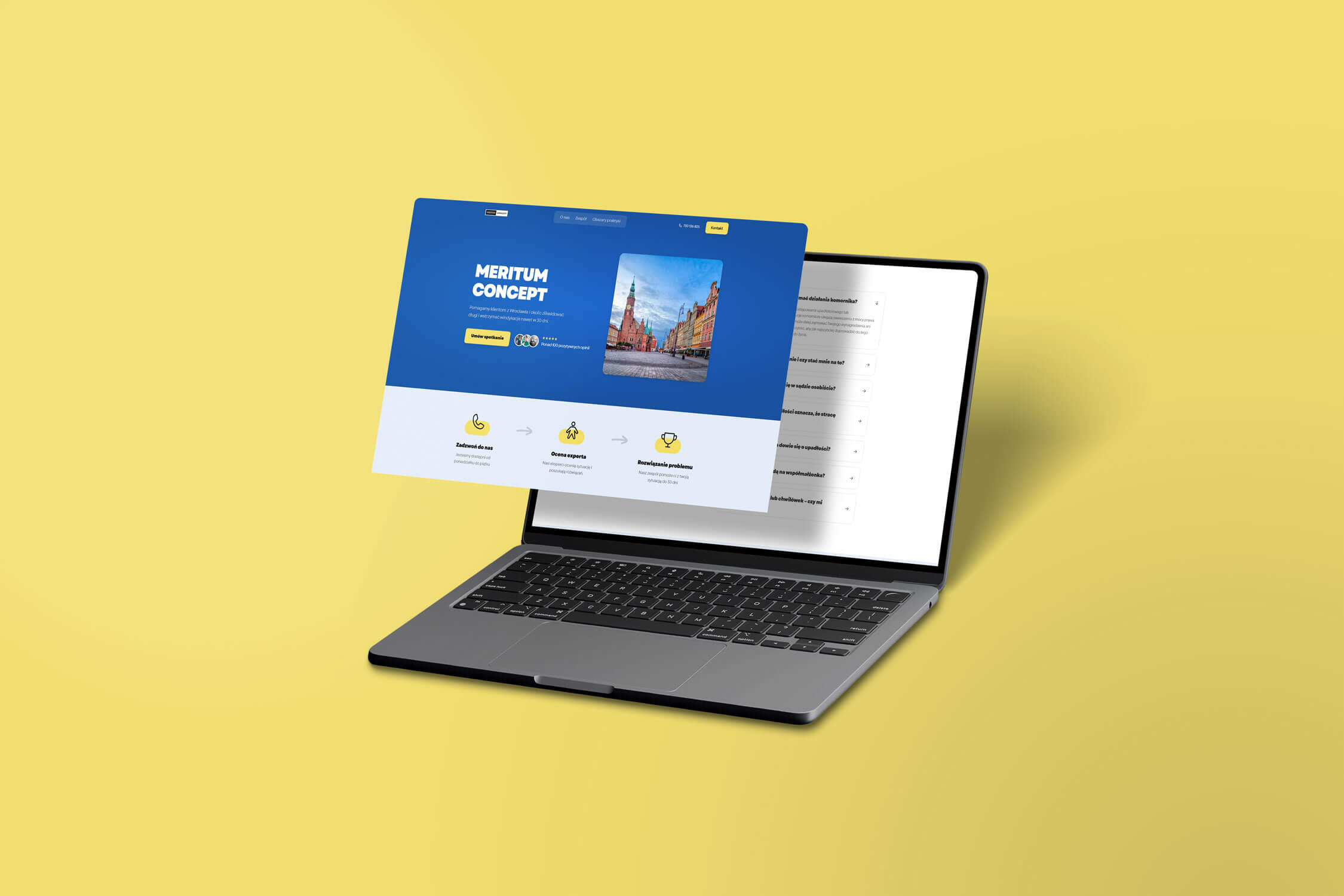 Makieta laptopa przedstawiająca nowoczesny web design z czytelną sekcją główną oraz rozwijanym menu pytań i odpowiedzi. Projektowanie interfejsów użytkownika i prototypowanie stron firmowych.