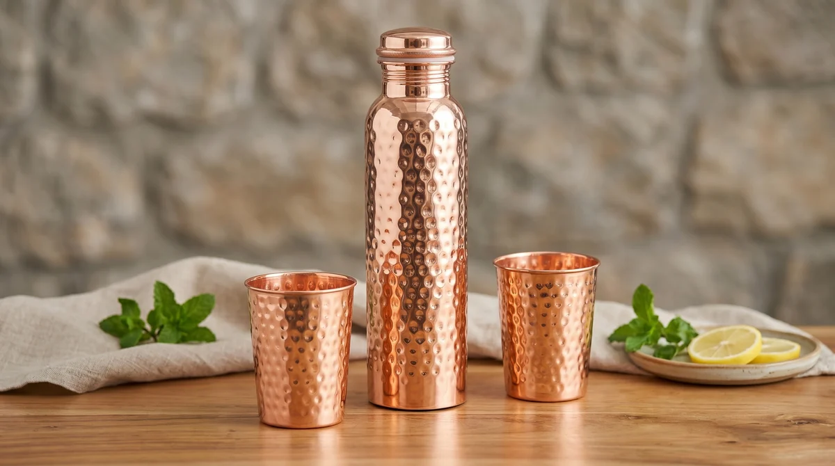 Copper vessel and glass bottle on a warm natural shelf