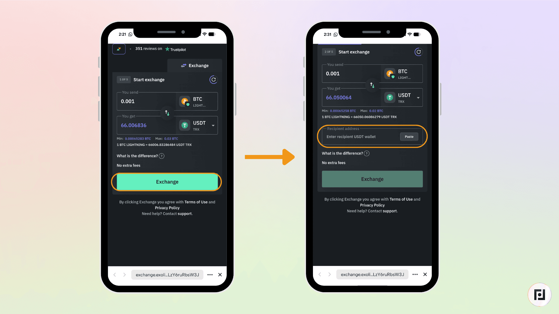 Exolix exchange confirmation screen showing BTC Lightning to USDT TRX swap with recipient wallet address input field