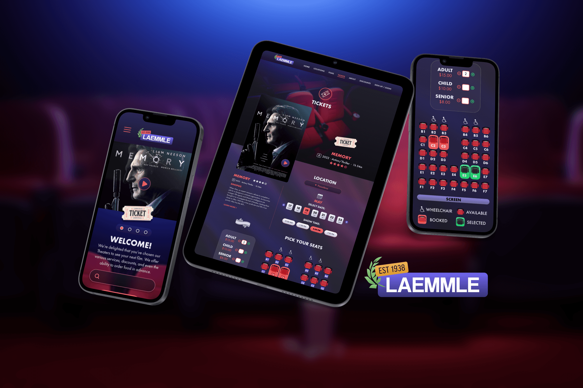 Mobile devices displaying the final design of the Laemmle app interface.