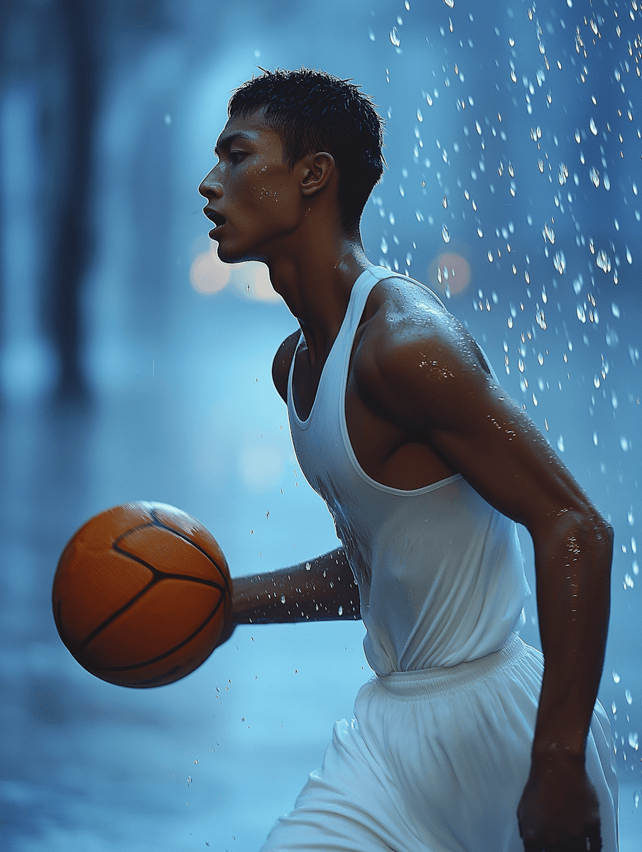 A young man in a tank top holds a basketball, walking through rain with a contemplative expression.