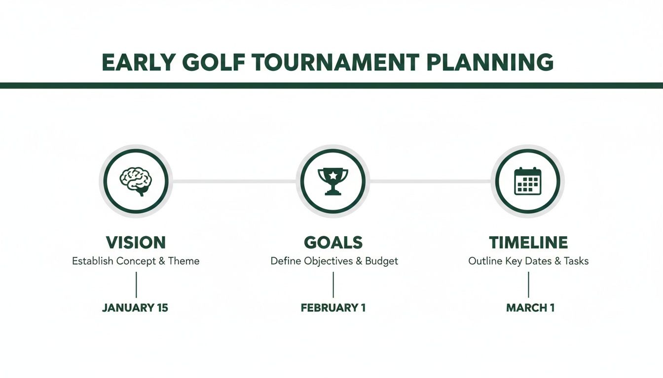 A timeline for early golf tournament planning with steps for vision, goals, and deadlines.