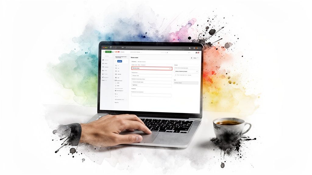 A person's hand typing on a laptop displaying a store name change interface, with a coffee cup.