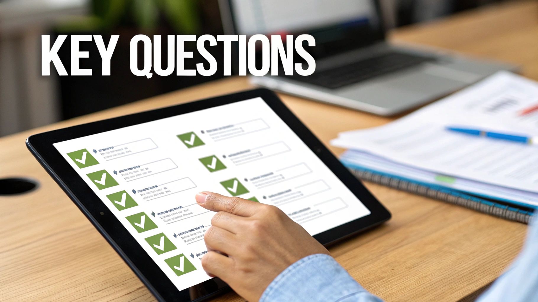 Digital survey on a tablet with a hand touching the screen, featuring