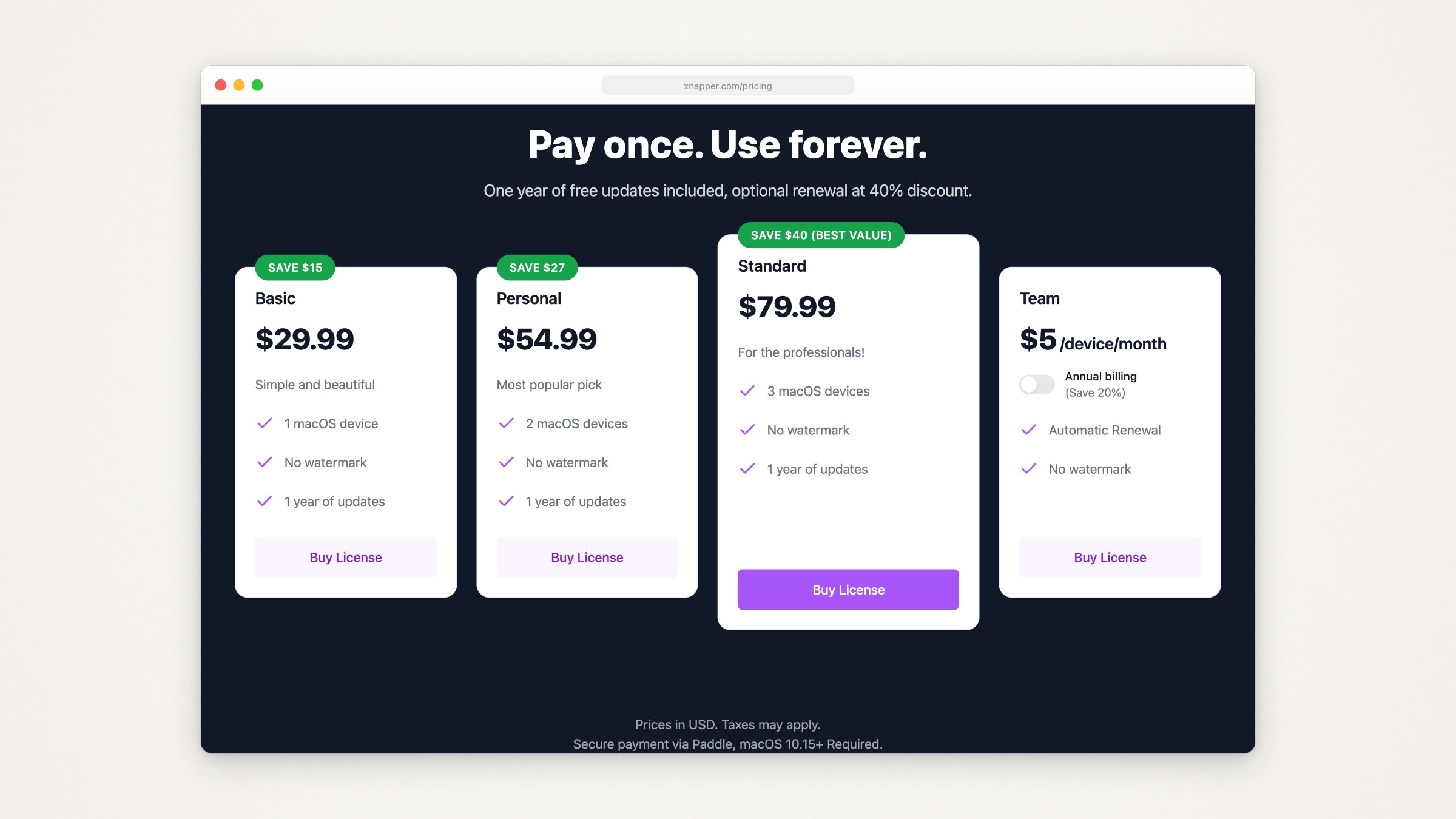 Xnapper’s pricing page: Basic at $29.99 for one Mac, Personal at $54.99 for two, Standard at $79.99 for three and Team at $5 per device a month, under the headline “Pay once. Use forever.”