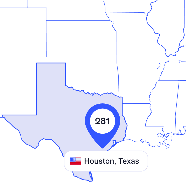 US map of 281 area code phone numbers and its coverage region