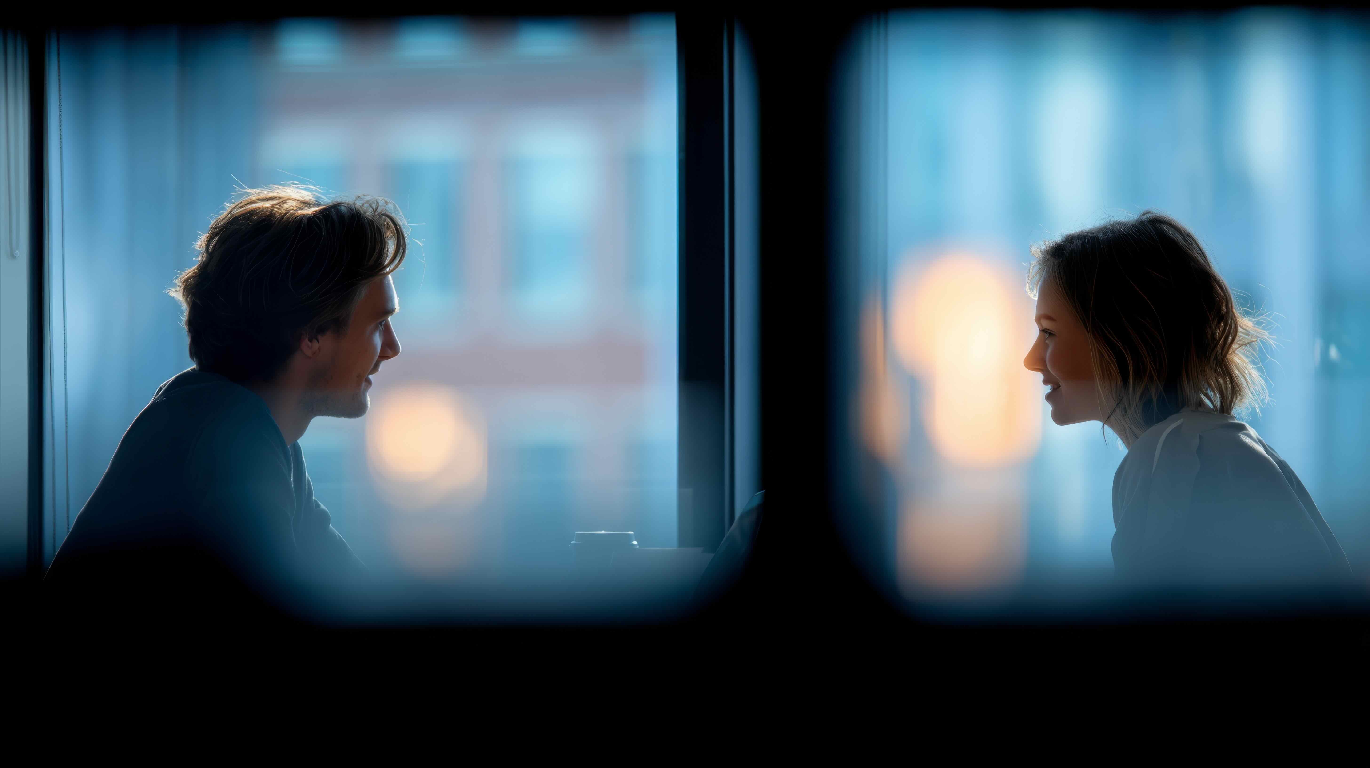 Two people engaged in a quiet, focused conversation in a softly lit room