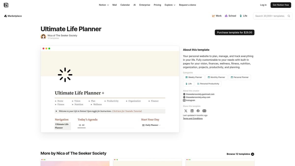 7 Best Notion Planner Templates to Organize Your 2025 - Ultimate Life Planner by The Seeker Society ($29)