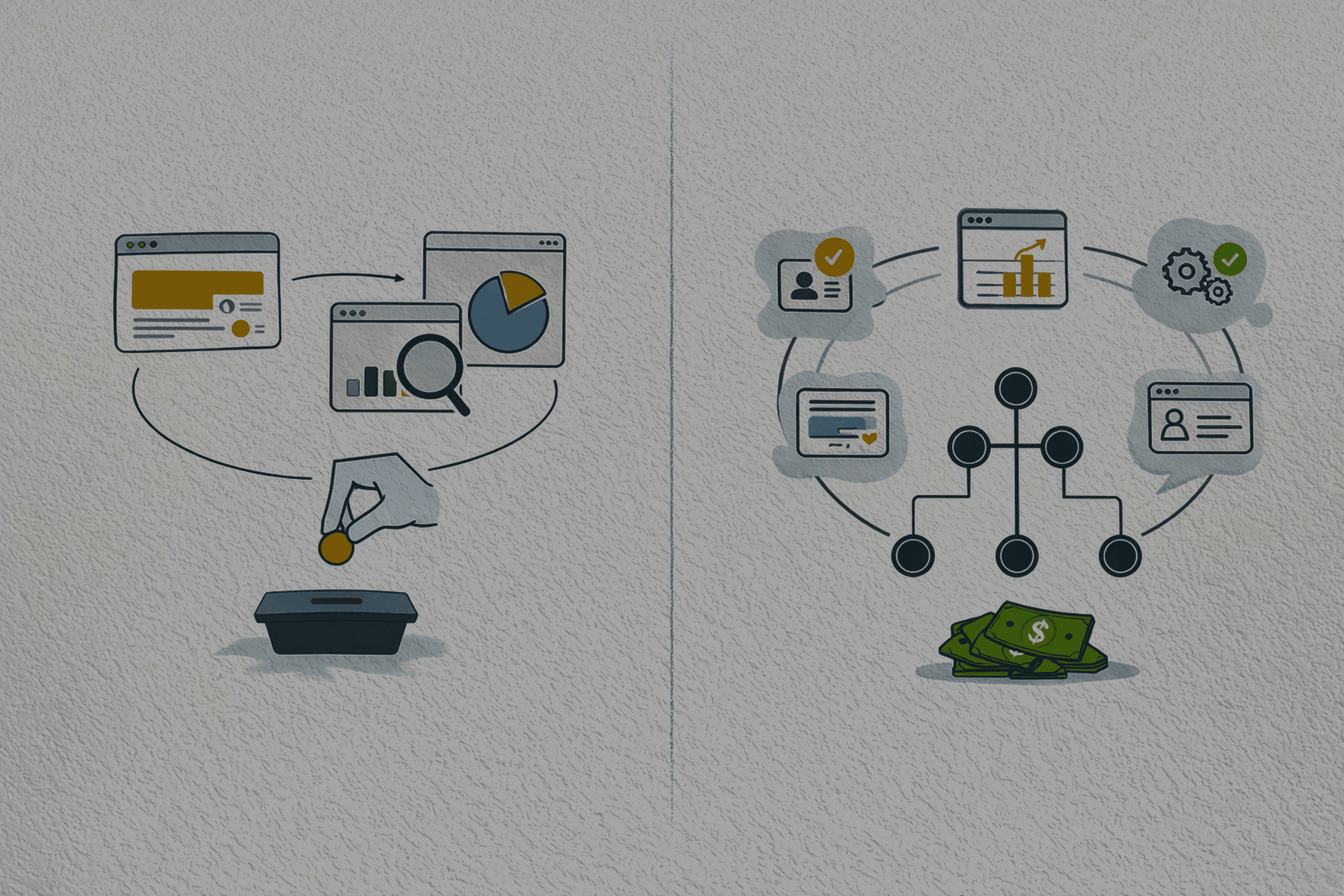 Simple illustration comparing a disconnected project-based agency with an integrated infrastructure-focused agency.
