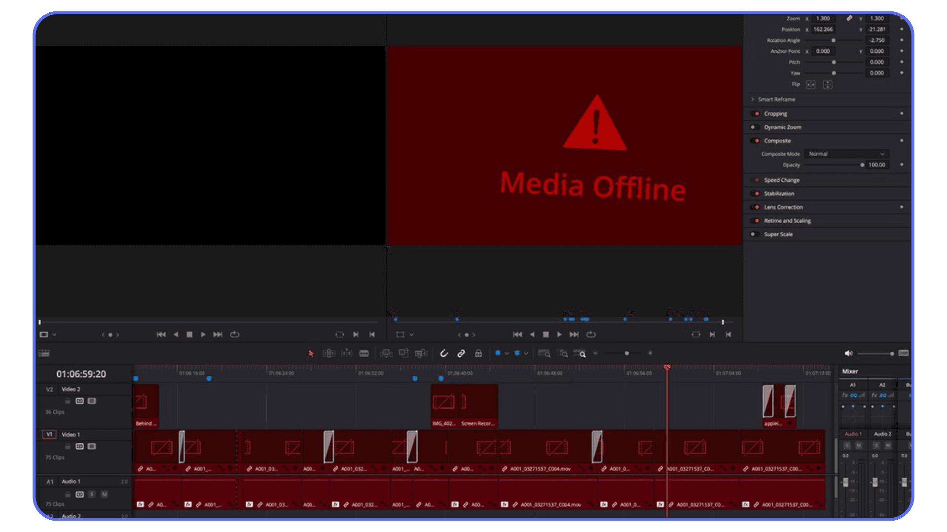 DaVinci Resolve viewer displaying a red “Media Offline” warning with offline clips highlighted across the timeline.