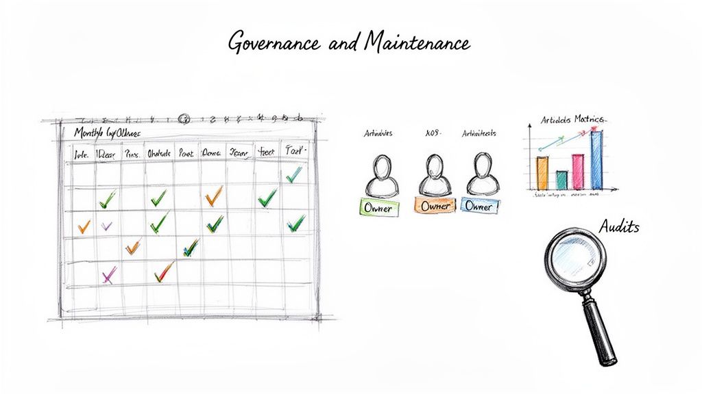 Hand-drawn illustration depicting governance and maintenance, including a task calendar, role assignments, metrics, and audits.