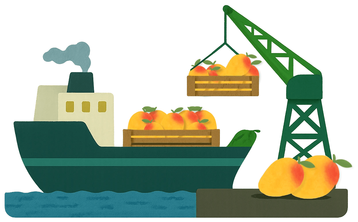 Ein Containerschiff wird in Costa Rica mit Mangos beladen