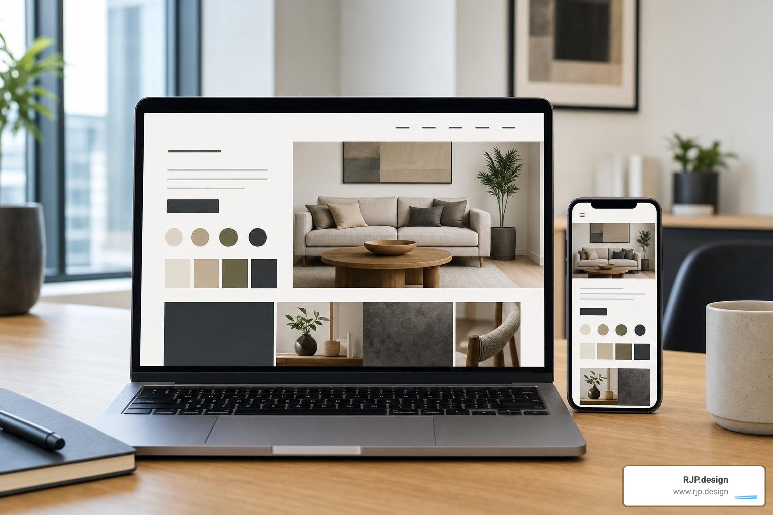 Responsive website design layout displaying brand elements on mobile and desktop