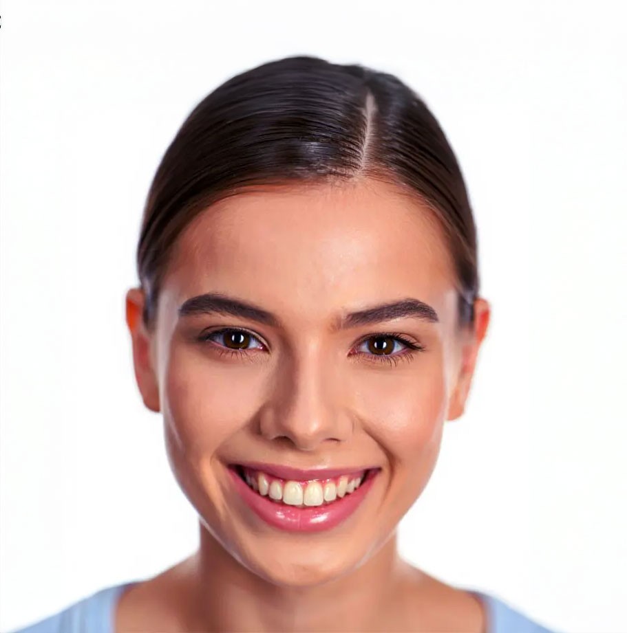 Woman with dark hair smiling, showing teeth and clear skin.