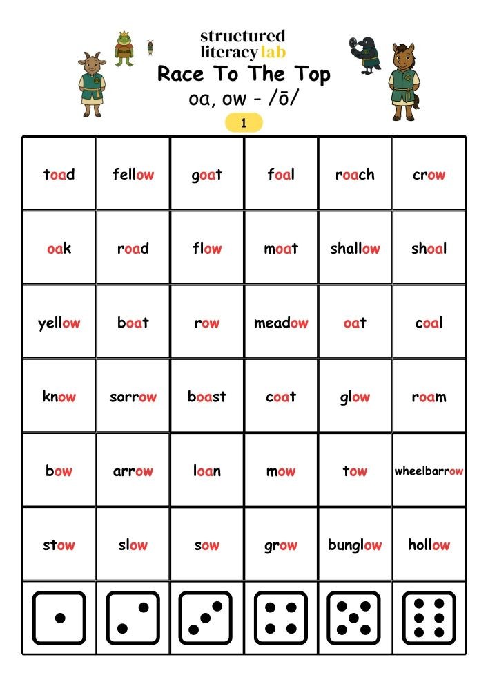 Printable oa, ow spelling Race To The Top game included with King Toad And Crow.