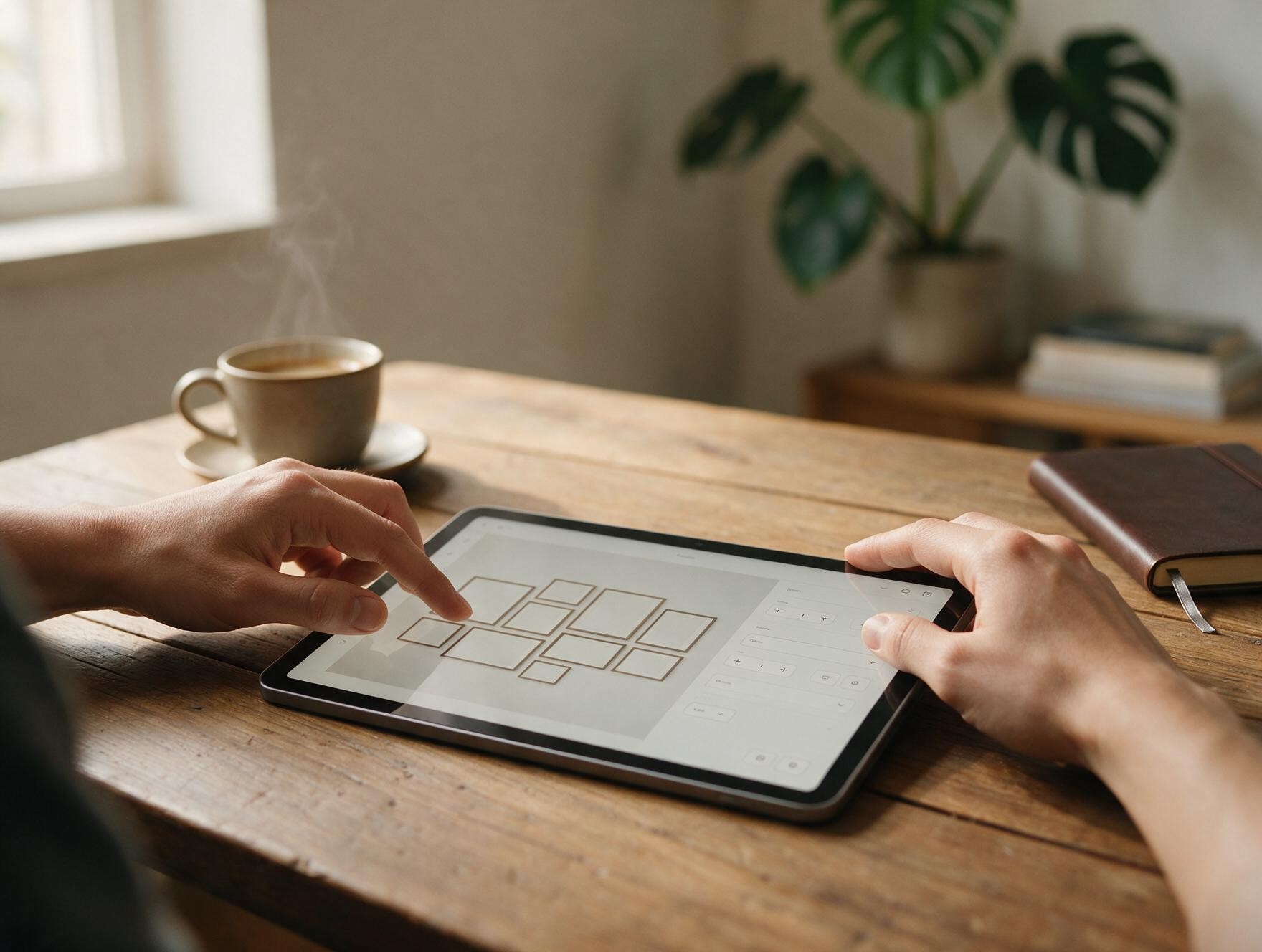 Hands configuring a gallery wall layout on a tablet