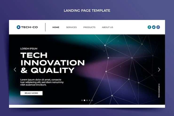 Technology company landing page template featuring innovation and quality with navigation and social media icons.