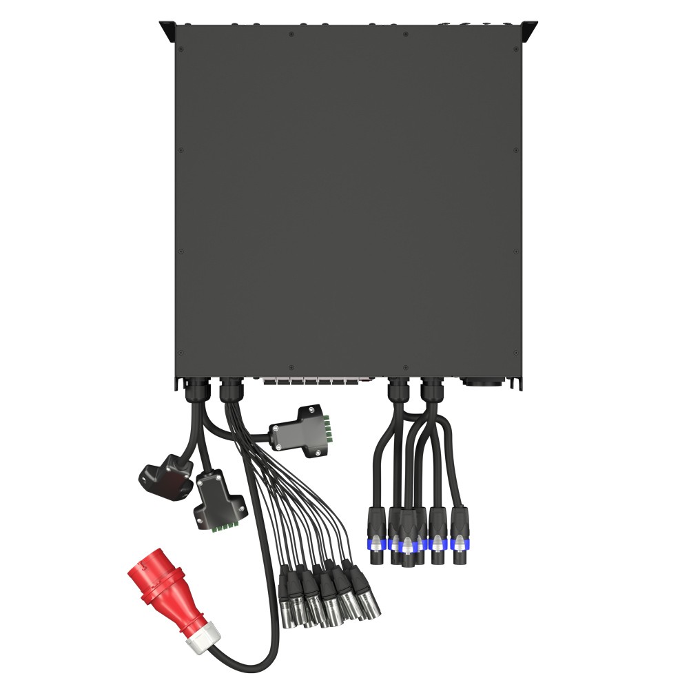 Black amplifier with multiple cables and connectors