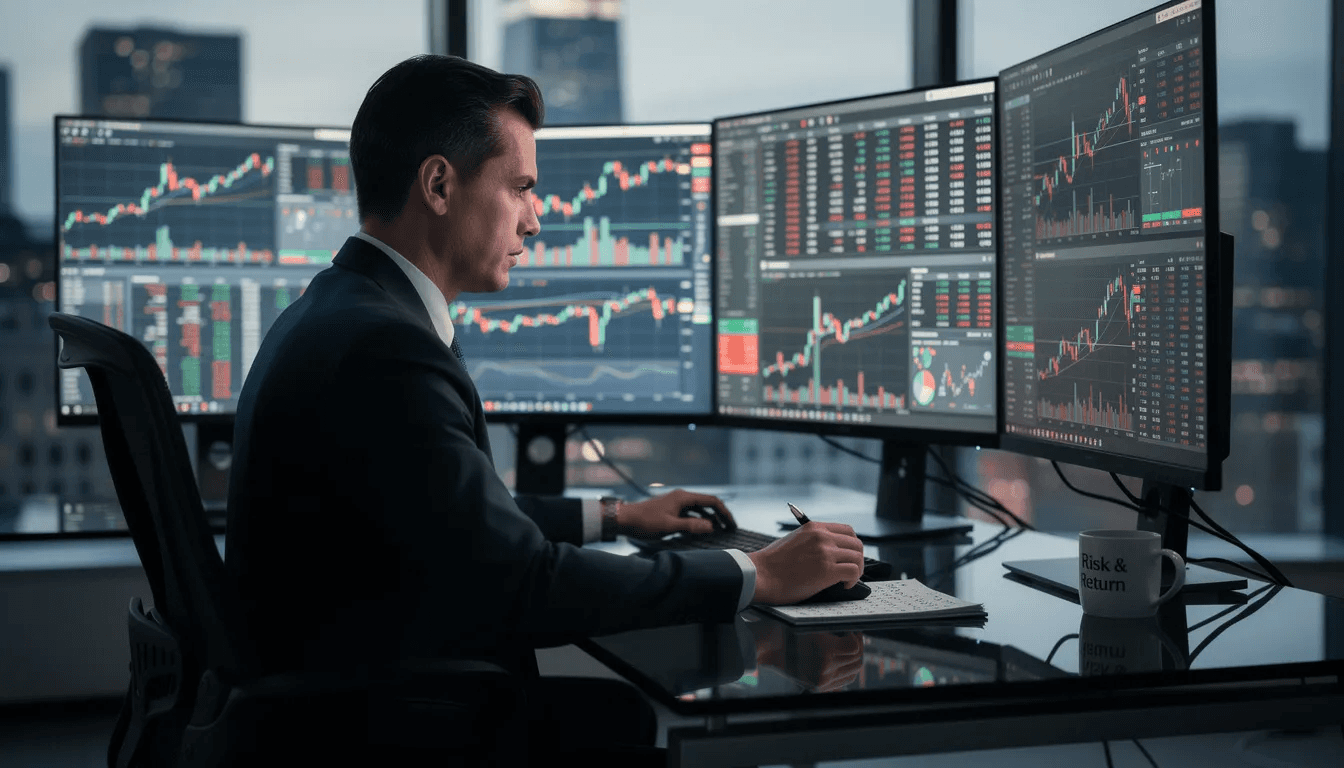 A professional portfolio manager is intently analyzing market data displayed across multiple computer screens, focusing on various asset classes and market conditions to inform their investment strategy. The scene highlights the importance of dynamic asset allocation in managing risk and making good investment decisions in the face of market volatility.