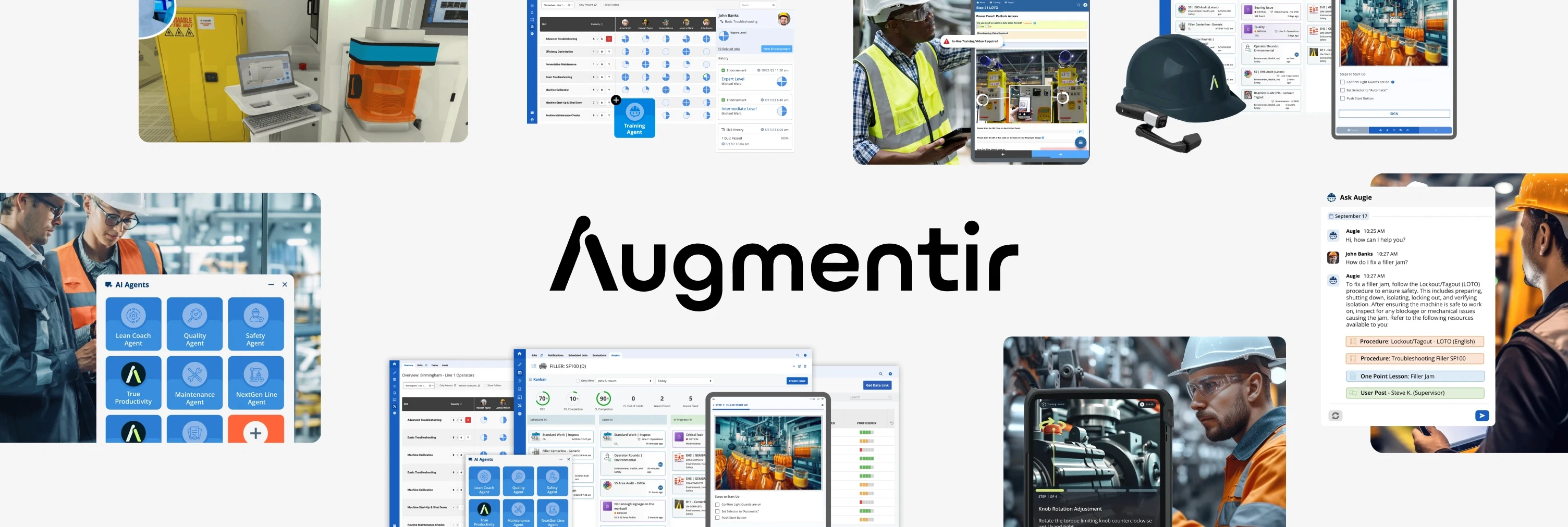 Augmentir logo with screenshots of AI-driven work instructions, skills matrices, and the Augie assistant chat interface