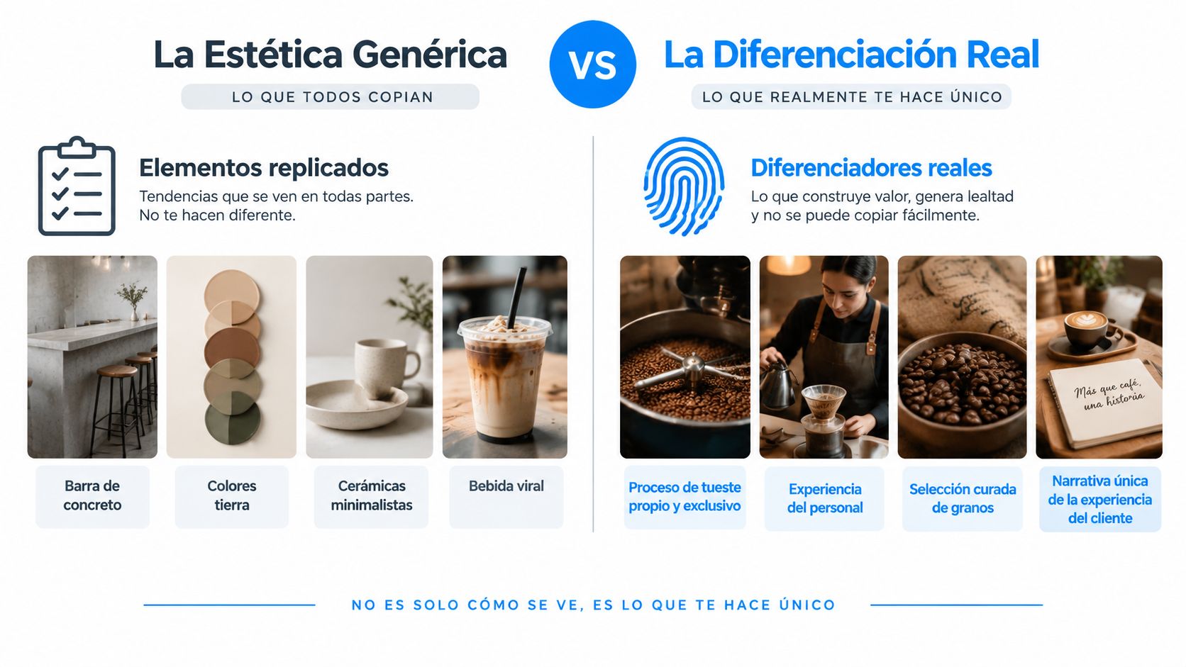 Comparativa entre elementos visuales genéricos y factores reales de diferenciación en una cafetería de especialidad.