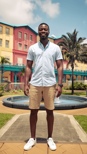 Portrait d'un étudiant de l'ICEA Martinique souriant devant des bâtiments colorés de type créole, illustrant la réussite et le bien-être au sein de cette école supérieure