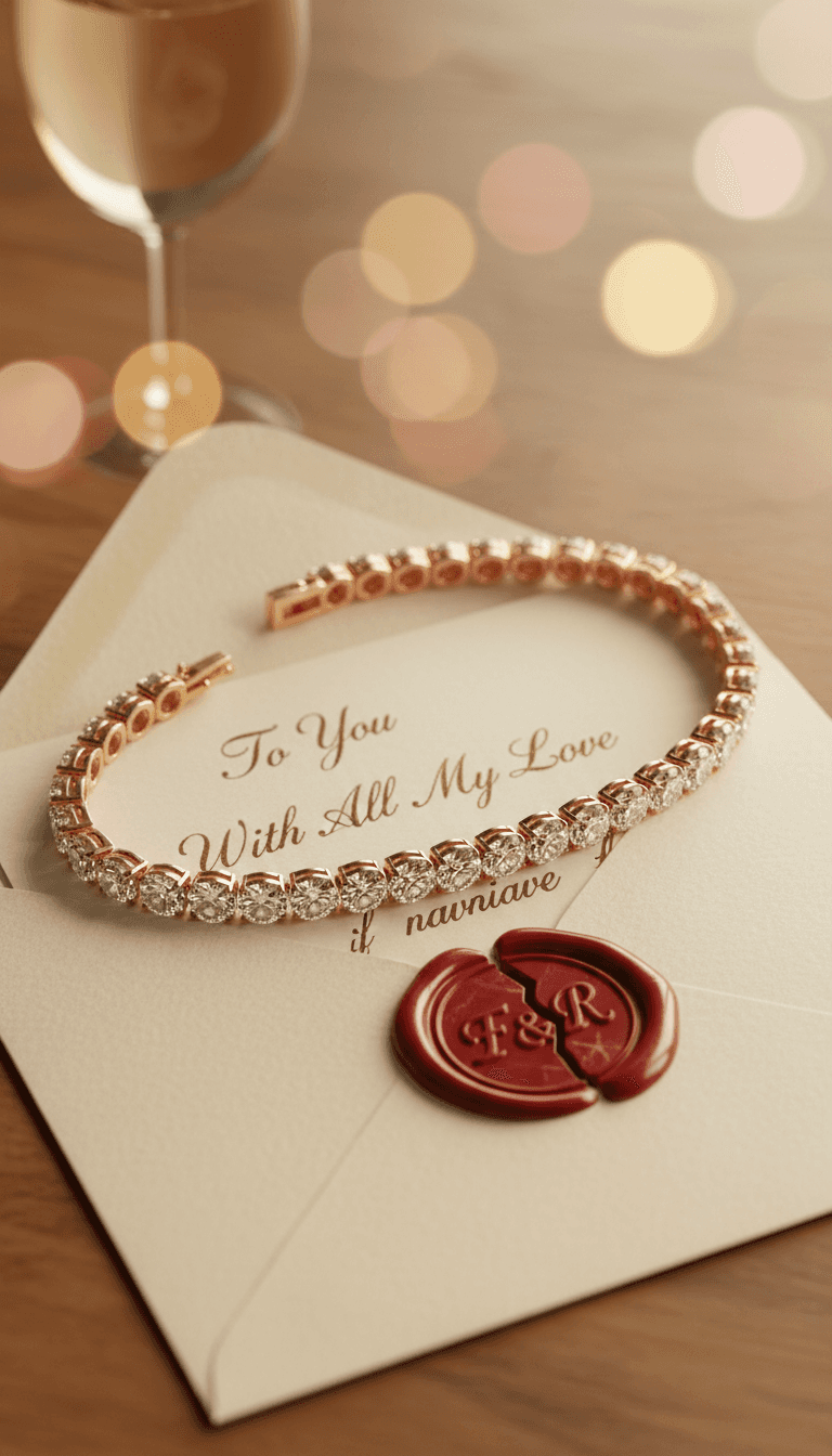 Rose gold diamond tennis bracelet on love letter with wax seal and champagne bokeh