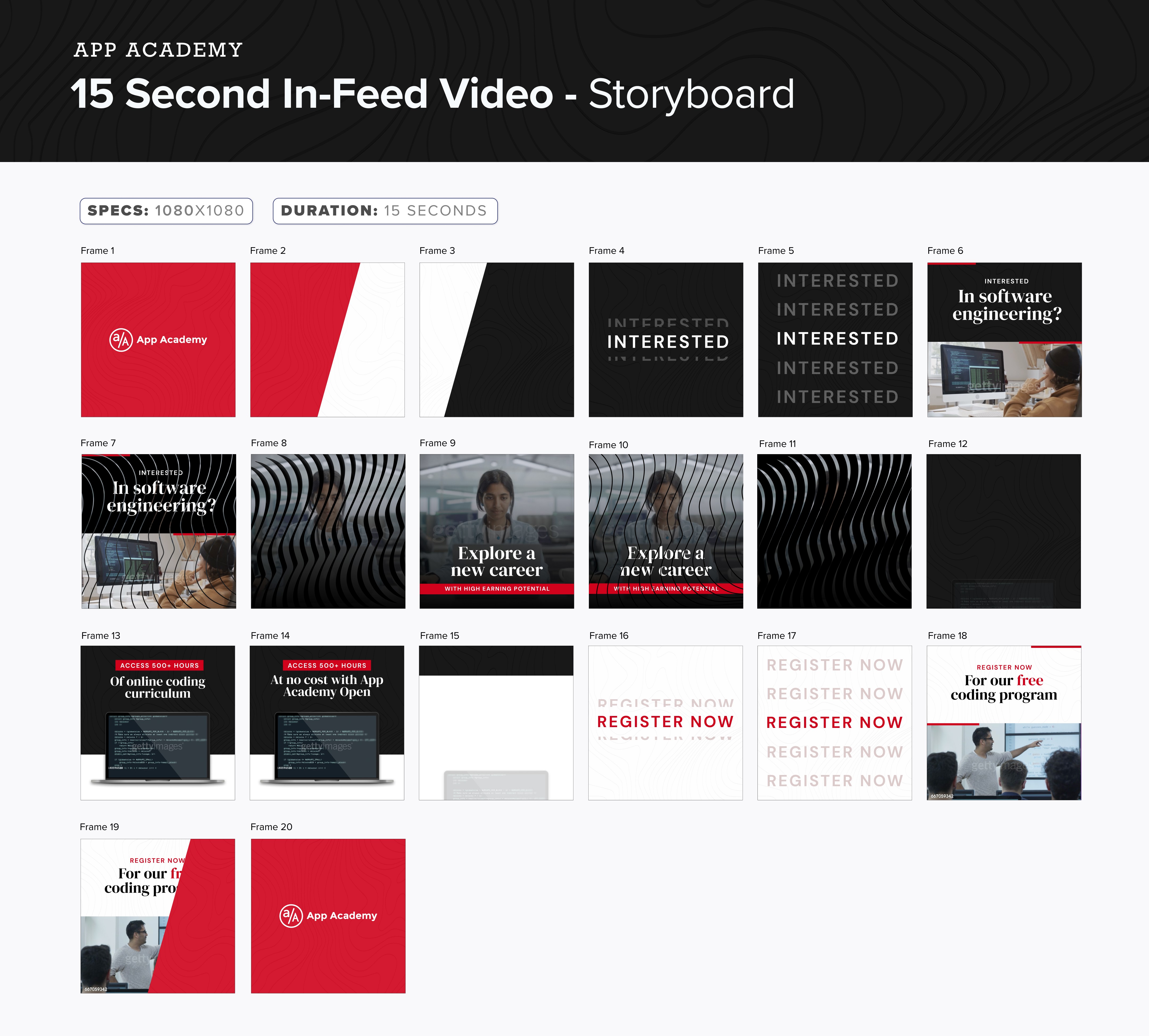 App Academy Paid Media 15 second In-feed video storboard design