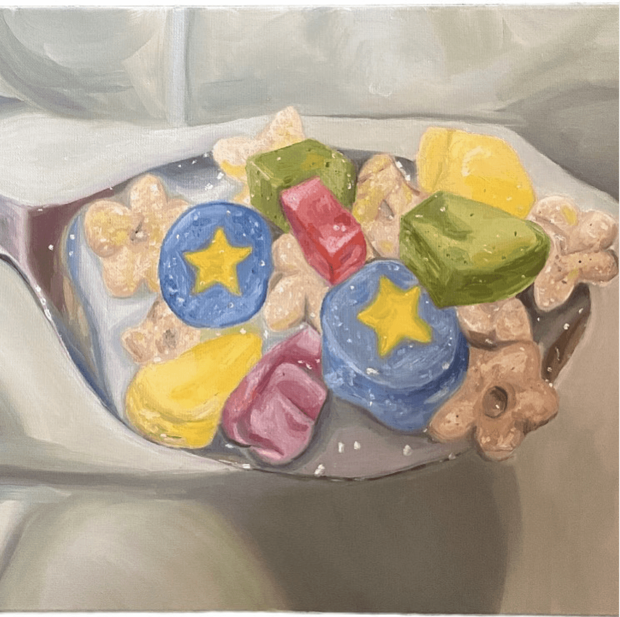Painting of spoonful of lucky charms cereal