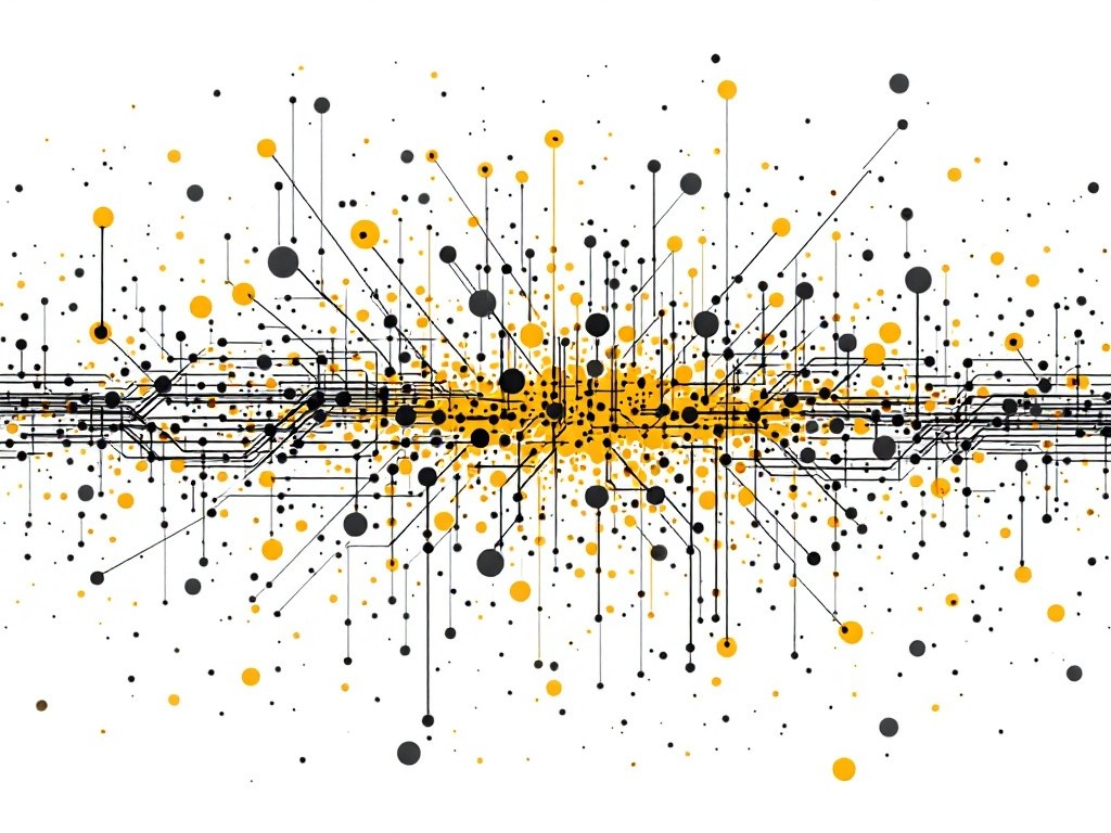 Abstract image of a circuit board with black and yellow dots connected by lines