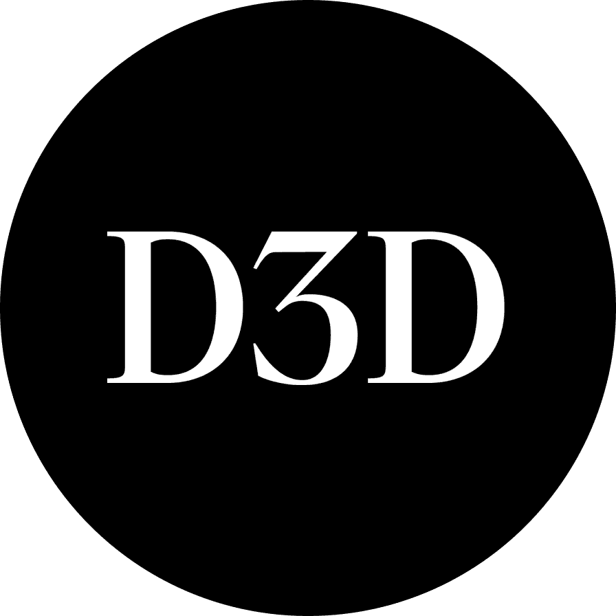 A bold, white "D3D" logo is centered on a solid black circular background, creating a striking contrast.