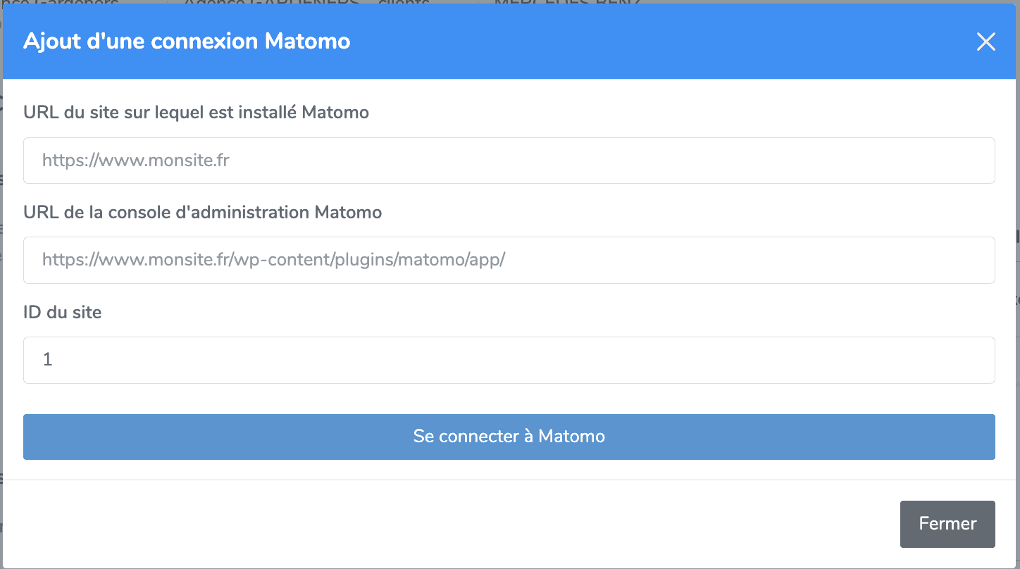 Paramètres de connexion Matomo