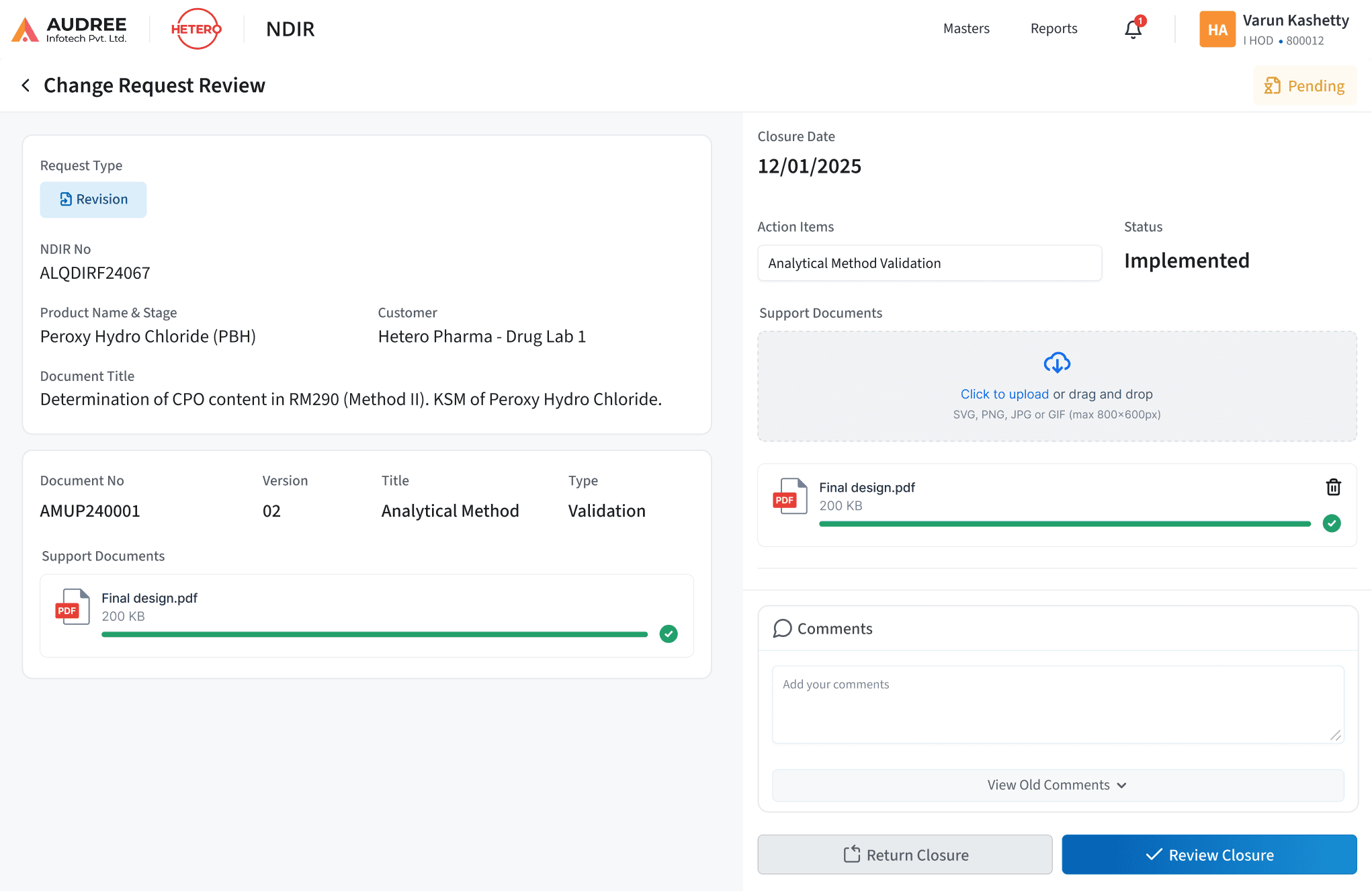 NDIR Change request reeview screen