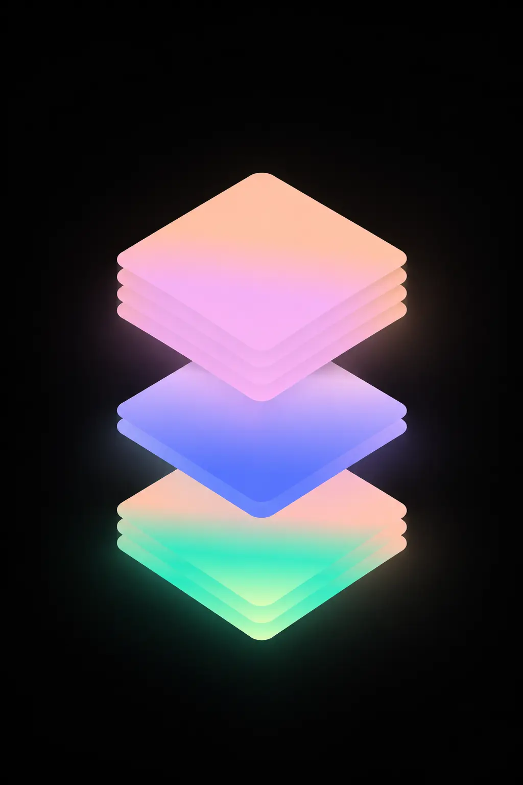A stack of semi-transparent, glowing squares in pastel colors of pink, blue, and green, set against a dark background, creating a modern and abstract 3D effect suitable for tech stack reference