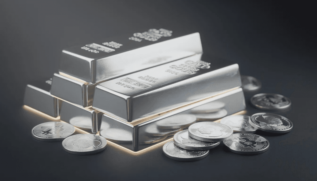 The image depicts neatly stacked silver bars and coins on a dark surface, illuminated by soft lighting, highlighting the contrast of the precious metals. This visual representation reflects the growing global silver demand and interest from institutional investors amidst ongoing market volatility and geopolitical risks.