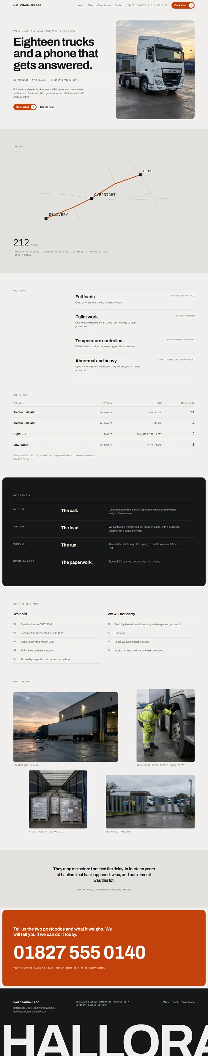 Full page of an AI-generated trucking company website with a split hero, animated route map with mileage counter, services list, fleet table, dark process panel, compliance index, yard photo grid, customer quote, orange booking panel and footer