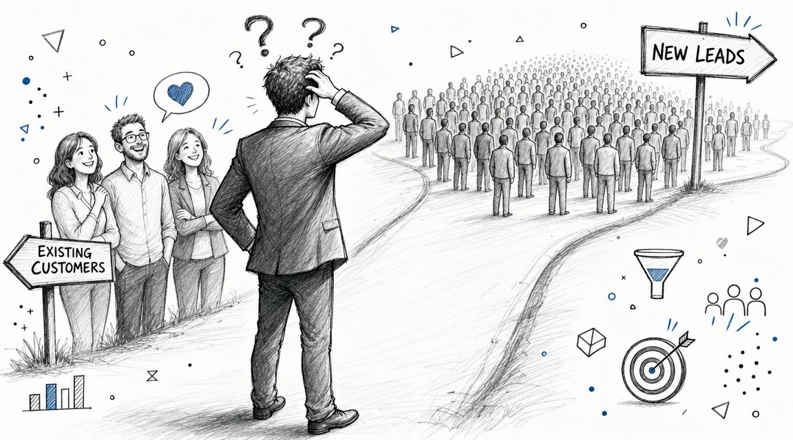Een zakenman twijfelt tussen het behouden van bestaande klanten en het werven van nieuwe leads.