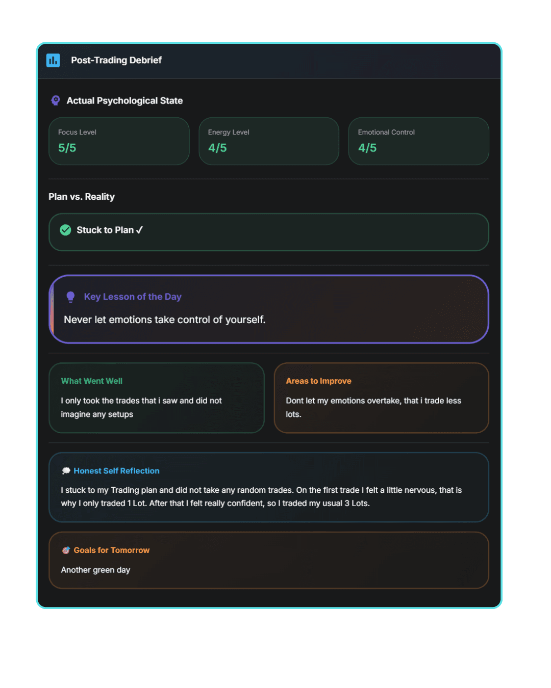 User interface of the Post-Trading Debrief dashboard in dark mode, showing psychological ratings, plan adherence, and self-reflection notes.