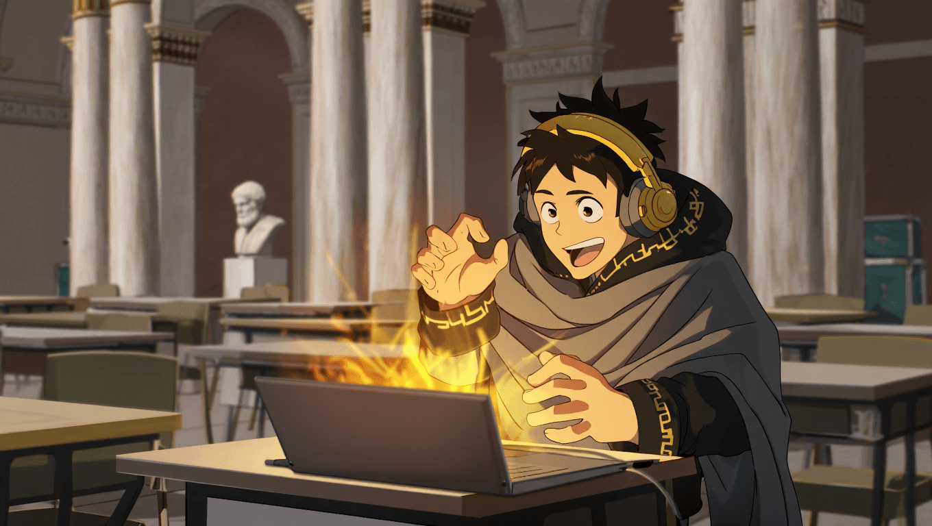Student happily using Aistote on a laptop in a modern setting