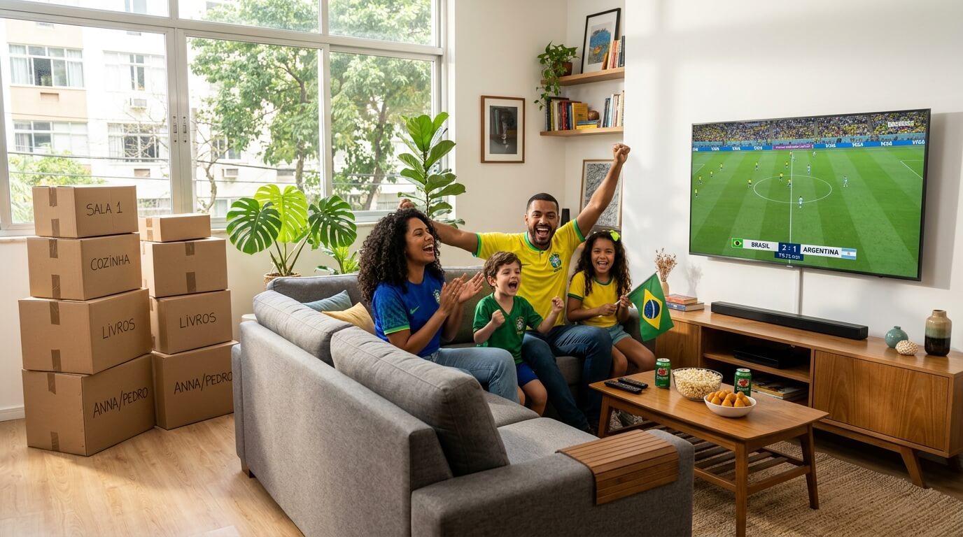 Sala de estar moderna com uma família brasileira reunida comemorando, assistindo a um jogo de futebol na TV de tela grande, enquanto caixas de mudança e fita adesiva estão organizadas no canto da sala, simbolizando uma mudança recente.