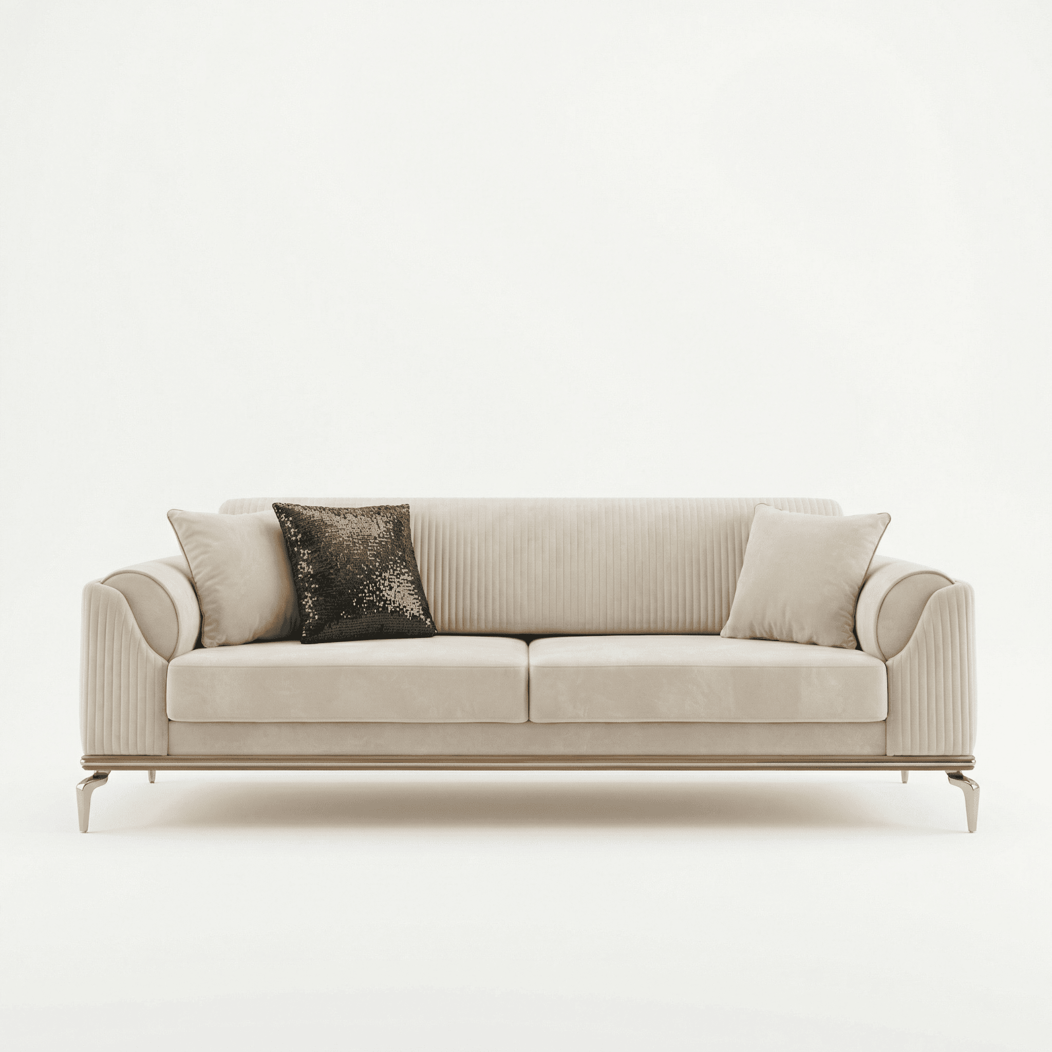 Cream upholstered seating with fluted backrest and gold-finished support frame