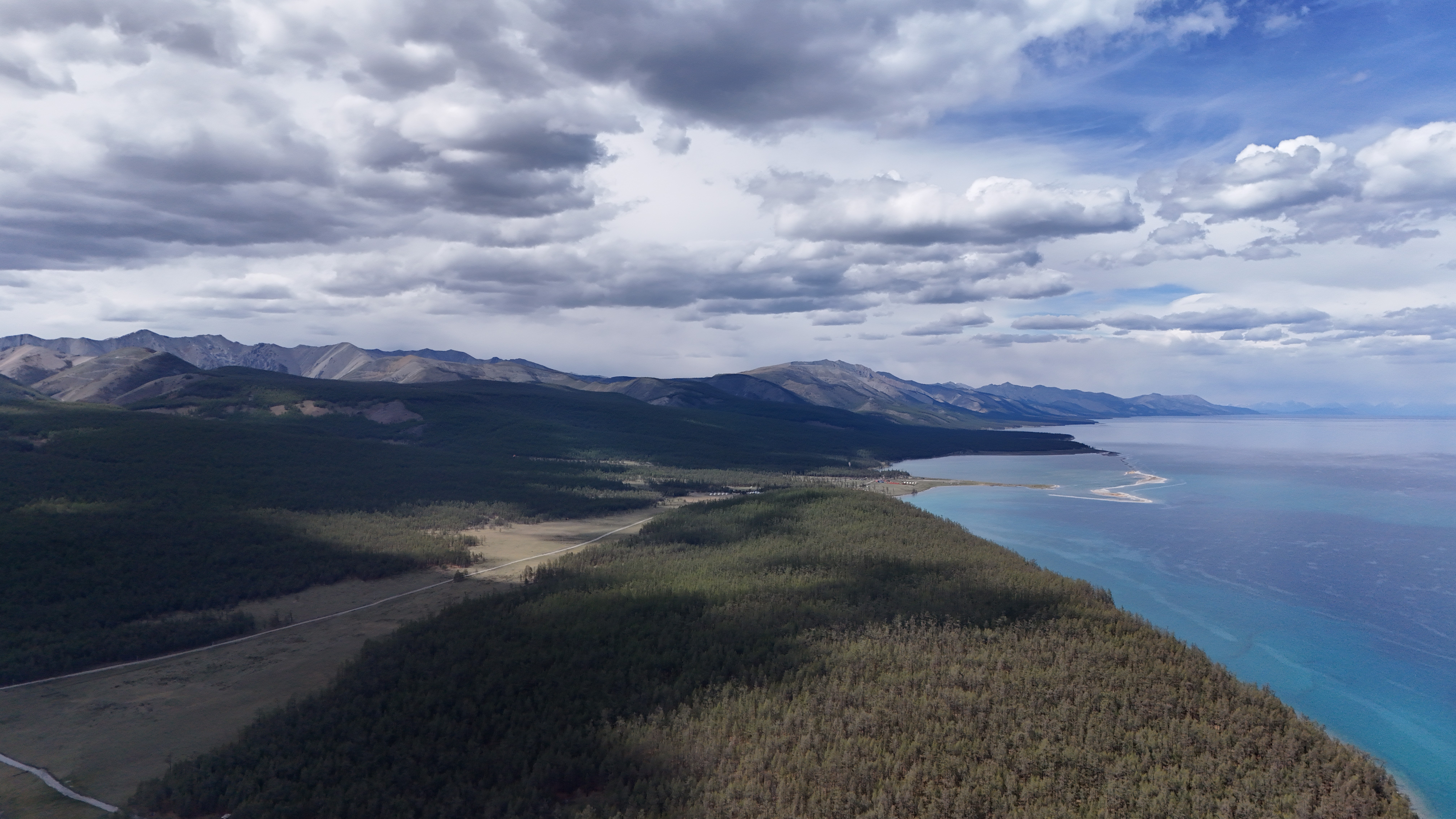 오프로드 차가 몽골의 풍경을 가로질러 질주하고 있습니다.