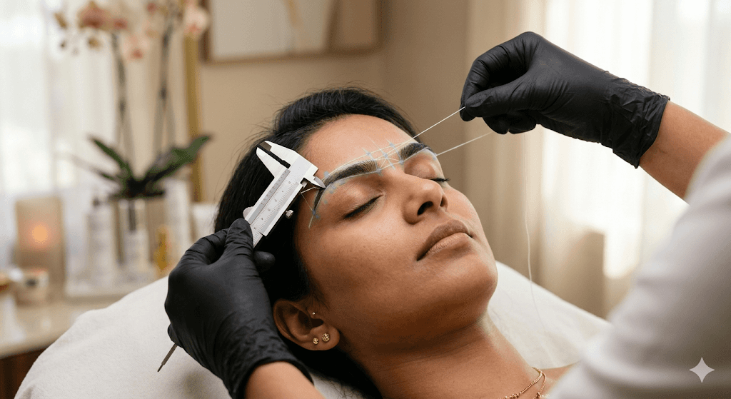 An aesthetic close-up shot of an artist's hands in medical gloves using a fine mapping string and calipers to measure perfect eyebrow symmetry on a relaxed client's face. Geometric balance, high attention to detail, clinical precision, luxury wellness center lighting.