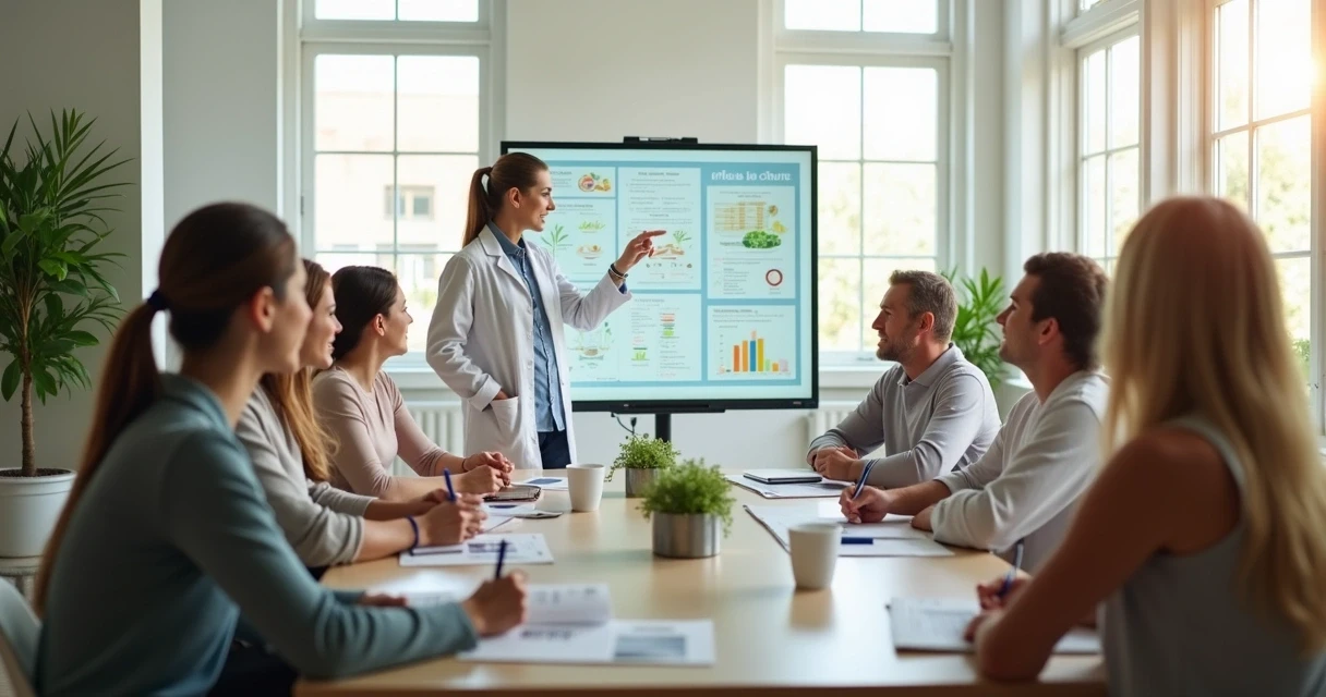 Grupo de mentorias em nutrição interagindo em uma sala moderna com quadro digital 